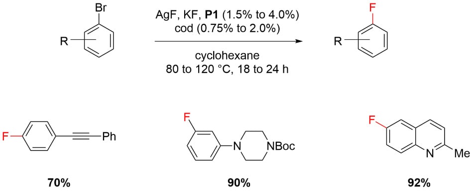 Reaction scheme showing the fluorination of an aryl bromide using P1 precatalyst from Table 1.