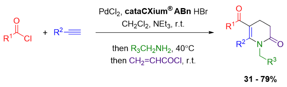 Figure 3 Reaction scheme illustrating the synthesis of substituted 2-pyridones from an acid chloride and an alkyne in the presence of PdCl₂ and cataCXium® ABn HBr, followed by amine addition and reaction with acryloyl chloride. The final products contain variable R¹, R², and R³ substituents and are obtained in yields ranging from 31% to 79%.Provide your feedback on BizChat