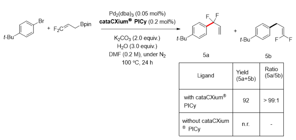 Figure 8 Reaction scheme illustrating the palladium-catalyzed coupling of p-tert-butyl bromobenzene with a difluoroalkenyl boron reagent using cataCXium® PICy in DMF with K₂CO₃ and water at 100 °C under nitrogen.