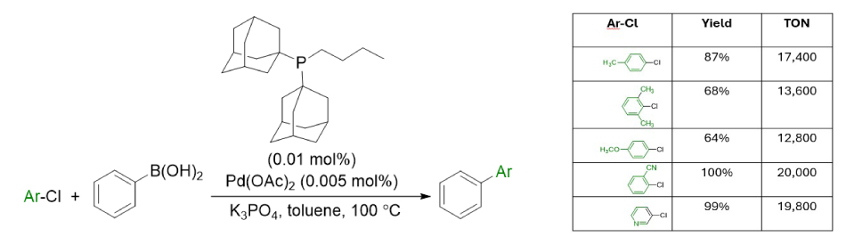 Figure 1 Reaction scheme illustrating the Suzuki–Miyaura coupling of aryl chlorides with phenylboronic acid in the presence of Pd(OAc)₂ and a phosphine ligand. An accompanying table lists representative aryl chloride substrates with corresponding yields (64–100%) and turnover numbers (12,800–20,000).