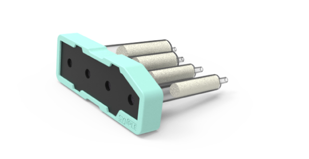 Teal Synple Cbz protection cartridge with a black center panel and four attached vials.