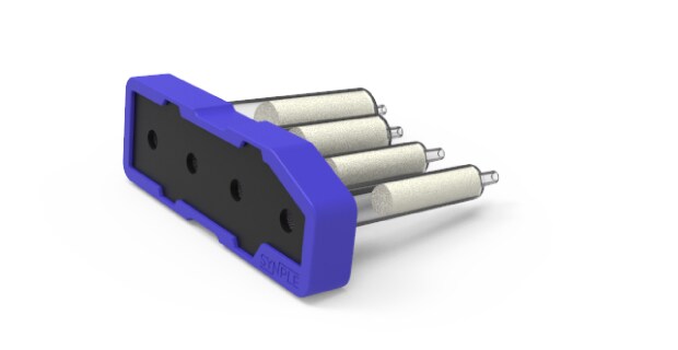 Dark blue Synple Mitsunobu cartridge with a black center and four reagent vials.