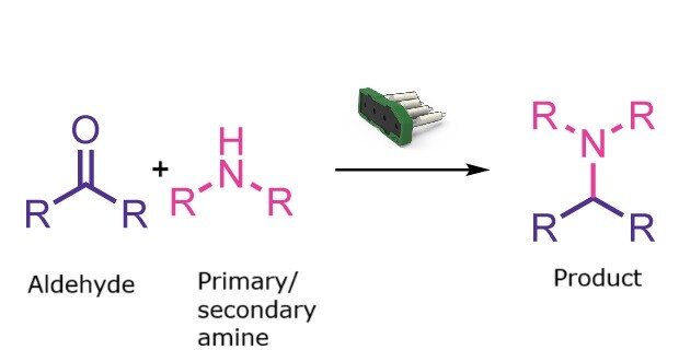 Reaction scheme showing aldehyde or ketone reacting with an amine to give a tertiary amine product.