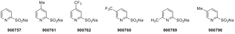 Six chemical structures, each with a unique product number below them. The structures are variations of benzene rings with different functional groups attached, such as amine (NH2), sulfonate (SO3Na), methyl (CH3), fluorine (F), and ketone (C=O). The product numbers are 900757, 900762, 900760, 900759, 900763, and 900760. 