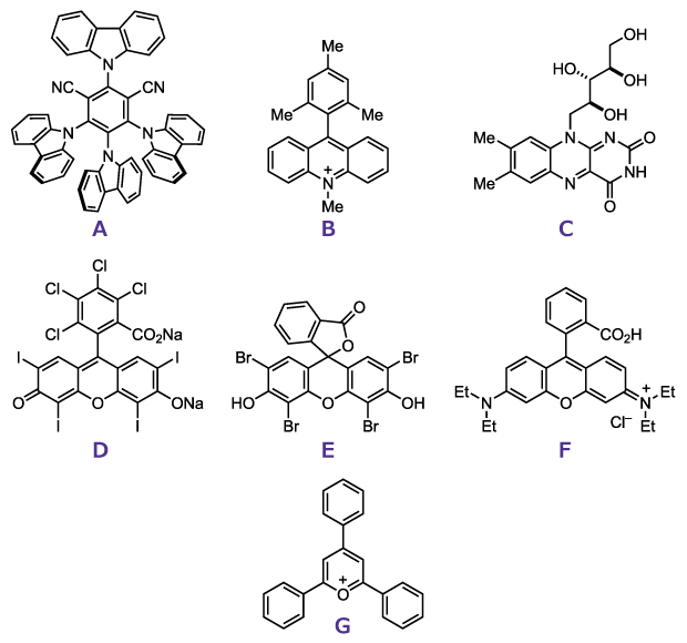 Image shows skeletal structures of 7 common photocatalysts (A–G), including 4CzIPN, acridinium, riboflavin, Rose Bengal, Eosin Y, Rhodamine B, and TPP⁺.