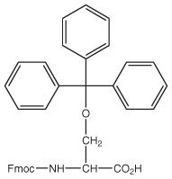 A chemical structure with a central oxygen atom linked to three phenyl groups and an Fmoc-amino acid.