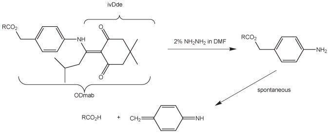 A chemical reaction diagram showing the conversion of a compound using 2% hydrazine in DMF to form an amine product.
