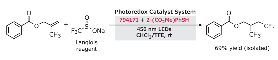 Black-on-white scheme shows labeled reactants, catalyst box, conditions, and product structure with CF₃ group and noted 69% yield.