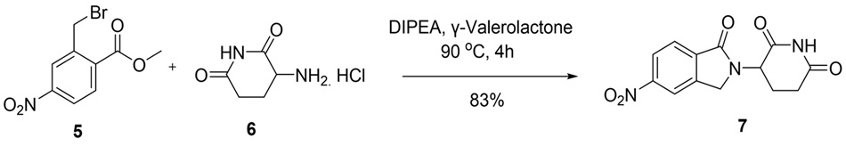 Synthesis scheme showing substitution reaction of 2-(bromomethyl)-4-nitrobenzoate (5) with 3-aminoglutarimide hydrochloride (6) in γ-valerolactone to form compound 7 with 83% yield.