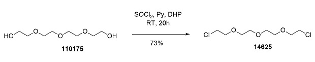 The chemical synthesis pathway for Bis[2-(2-chloroethoxy)ethyl]ether, starting from tetraethyleneglycol and thionyl chloride in dihydropinene. The process begins with the molecular structure of tetraethyleneglycol, depicted with two terminal hydroxyl groups. The reaction involves thionyl chloride, indicated by its chemical formula, and is carried out in the presence of pyridine and dihydropinene as solvents. The conditions specify room temperature and a reaction time of 20 hours, resulting in a 73% yield. The final product, Bis[2-(2-chloroethoxy)ethyl]ether, is shown with two terminal chloride groups replacing the original hydroxyl groups, completing the transformation.