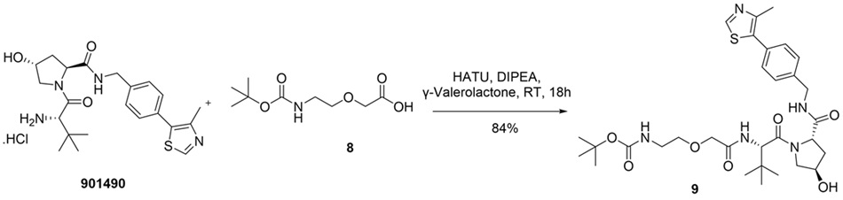 Synthesis scheme showing amidation of (S,R,S) AHPC hydrochloride with compound 8 in γ-valerolactone using HATU and DIPEA to form compound 9 with 84% yield.