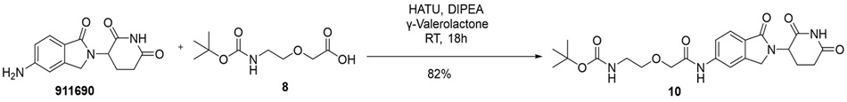 Synthesis scheme showing amidation of C5 Lenalidomide with compound 8 in γ-valerolactone using HATU and DIPEA to form compound 10 with 82% yield.