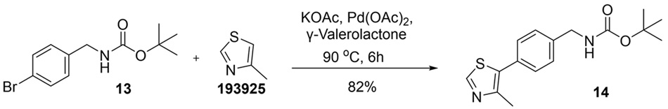Synthesis scheme showing Pd-catalyzed coupling of tert-butyl (4-bromobenzyl)carbamate (13) with 4-methylthiazole in γ-valerolactone to form compound 14 with 82% yield.