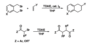 TDAE to obtain 1,2,3,4-tetrahydronaphthalenes from 1,2-bis(bromomethyl)arenes and olefins,7 and 1,4-diketones or diesters through reductive coupling of α-bromoketones or esters 方案 5