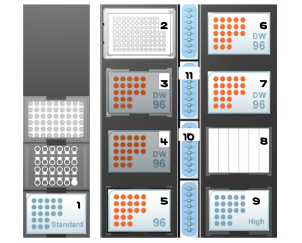 Hamilton Microlab STARlet deck layout with consumables. A representation of a Hamilton® Microlab® STARlet deck layout with consumables arranged on a dark gray background. The layout includes multiple sections, each labeled with numbers and containing consumable items in distinct configurations. On the left, there is a column with smaller illustrations of consumable trays, including a "Standard" tray at the bottom in blue with rectangular wells. To the right, a grid layout is shown, with positions numbered from 1 to 11. Positions 2, 6, and 9 feature blue trays labeled "DW 96" with a grid of light blue wells. Positions 3, 4, 5, and 7 contain orange well configurations within similarly labeled "DW 96" trays, with varying orientations and arrangements of the orange wells. Position 8 shows empty slots with no wells, while positions 10 and 11 feature tall, vertical blue racks with cylindrical containers or tubes.