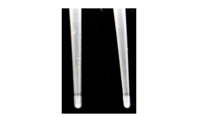 Supel BioSPME device pins A close-up view of two slender, transparent pins positioned vertically against a black background. Each pin has a slightly rounded tip and features a visible 2 mm coating near the tip, indicative of a C18 coating. The coating appears as a faint, slightly darker band on the otherwise smooth and uniform surface of the pins. The pins are evenly spaced and parallel to each other, showcasing their fine and precise construction.