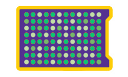 Clia Plate A colorful rectangular design featuring an array of green and white dots arranged in rows on a rich purple backdrop, encased within a bold yellow and green outline which is a representation of high-throughput Target detection