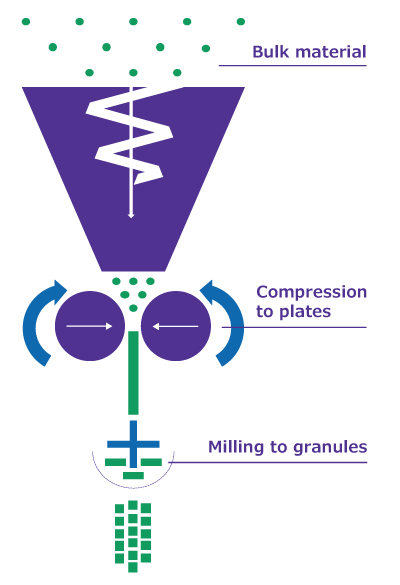 Purple Dry Granulation Process - EG Process diagram showing powder feeding, roller compaction, milling, and sieving steps in dry granulation.