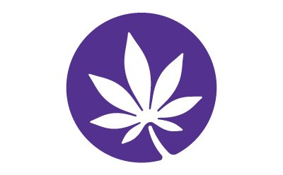 A stylized white cannabis leaf on a purple circular background, representing cannabis or plant-based products.