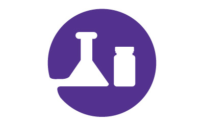 A white laboratory flask and two containers on a purple circular background, symbolizing scientific research or laboratory work.