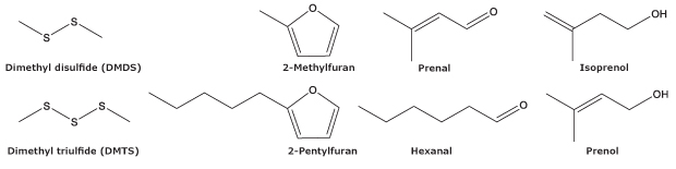 VOC compounds produced by insects at the larvae stage. Chemical structures of characteristic compounds produced by insects during their larval stage.