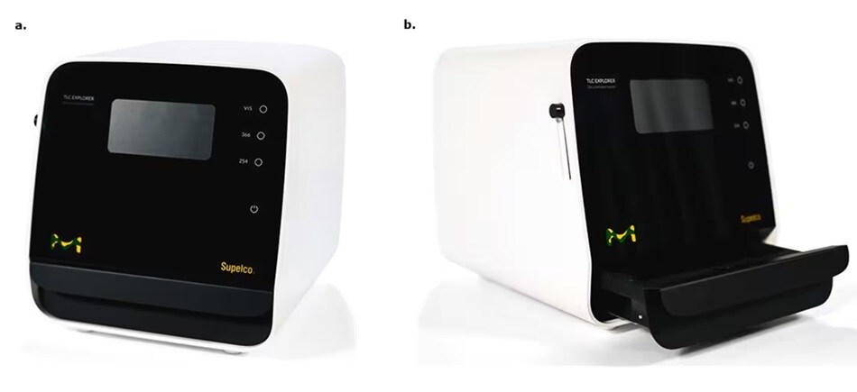 Two views of the TLC Explorer system, with closed (a) and open tray (b) configurations.
