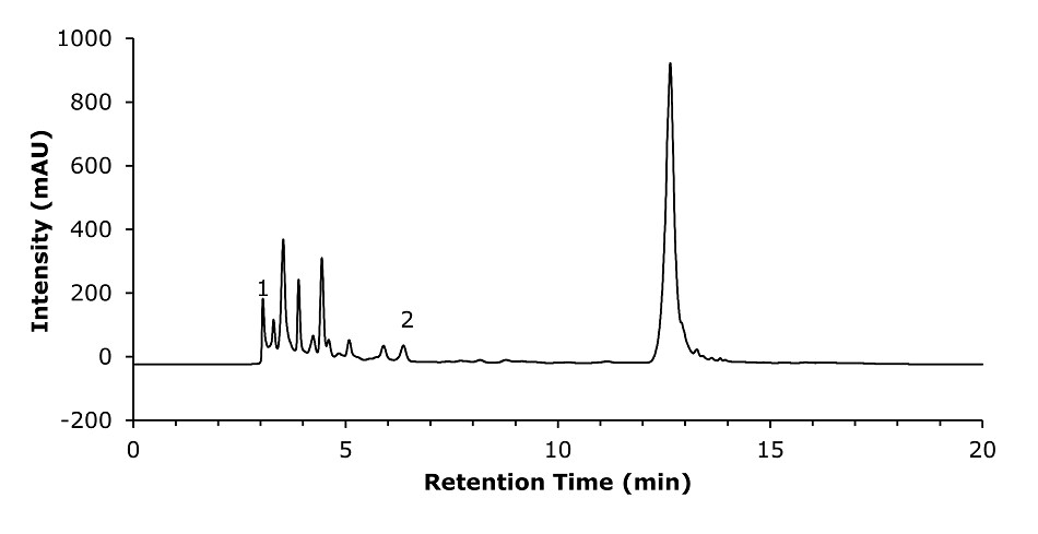 Chromatogram of smoke beer sample for HMF analysis A chromatogram graph depicting the analysis of a smoke beer sample. The x-axis, labeled "Retention Time (min)," ranges from 0 to 20, while the y-axis, labeled "Intensity (mAU)," ranges from -200 to 1000. The chromatogram line, displayed in black, rises from the baseline at around 3.1 minutes, where a small peak labeled "1" appears, indicating the void volume. A larger peak, labeled "2," is observed at 6.4 minutes, representing HMF. The curve fluctuates with multiple smaller peaks before and after the main peak, indicating the presence of various compounds in the sample.