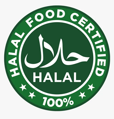 Circular certification logo with a green background and white text. In the center of the circle, there is the word "HALAL" written in bold uppercase English letters, with the corresponding Arabic word for halal displayed above it in white stylized calligraphy. Encircling the inner text, the outer ring of the circle contains the phrase "HALAL FOOD CERTIFIED 100%" in uppercase white letters. The text forms a complete ring around the logo, and four small asterisks are evenly spaced within the outer border, one on each side of the circle. 
