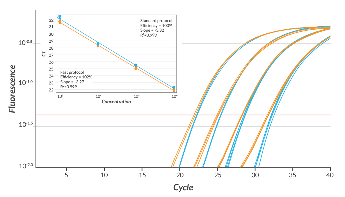 PROBE FAST Amplification Plots Amplification plots were generated using either a standard cycling protocol (95ºC for 10 min followed by 40 cycles of 95ºC, 15 sec; 60ºC, 60 sec) or a fast cycling protocol: 95ºC for 3 min followed by 40 cycles of 95 ºC, 3 sec; 60 ºC, 20 sec. Reaction volumes also included human genomic DNA (10-fold dilutions over a 0.1 ng – 100 ng per reaction range), 200 nM of each primer, and 200 nM of hApoB100 (FAM/BHQ-1) hydrolysis probe.