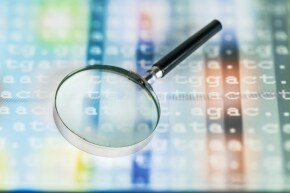 A magnifying glass sitting on top of a backlit display of genetic code showing ATCG genetic base code lettering