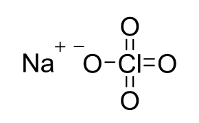 Sodium Perchlorate (NaClO4) Chemical structure of sodium perchlorate (NaClO4). On the left, the sodium ion (Na) is depicted, accompanied by a positive charge symbol. To the right, there is perchlorate ion, consisting of a central chlorine atom bonded to four oxygen atoms in a tetrahedral geometry. Three of these oxygen atoms are connected to the chlorine atom with double bonds, while the fourth oxygen atom is linked with a single bond and carries a negative charge.