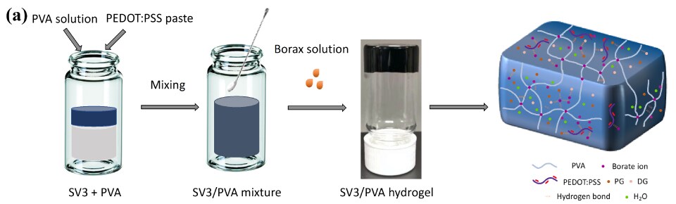 This illustration visually depicts the step-by-step preparation of SV3/PVA hydrogel. In Step 1, a PVA solution and PEDOT:PSS paste are added to a vial and mixed to create a homogeneous mixture. Step 2 involves adding a borax solution to the vial, which leads to the formation of the SV3/PVA hydrogel. The illustration provides a clear and informative representation of the hydrogel preparation process, highlighting the essential steps involved in creating the homogeneous hydrogel material.