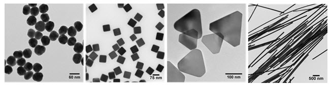 Transmission electron micrographs showcasing a series of silver nanomaterials with varying shapes and sizes. From left to right, the image displays uniform spheres with a 50 nm diameter, cubes measuring 75 nm on each side, triangular nanoplates with 120 nm sides, and elongated silver nanowires. Each shape is distinctly visible against a contrasting background, illustrating the precise control over nanomaterial synthesis. Transmission electron micrographs showcasing a series of silver nanomaterials with varying shapes and sizes. From left to right, the image displays uniform spheres with a 50 nm diameter, cubes measuring 75 nm on each side, triangular nanoplates with 120 nm sides, and elongated silver nanowires. Each shape is distinctly visible against a contrasting background, illustrating the precise control over nanomaterial synthesis.