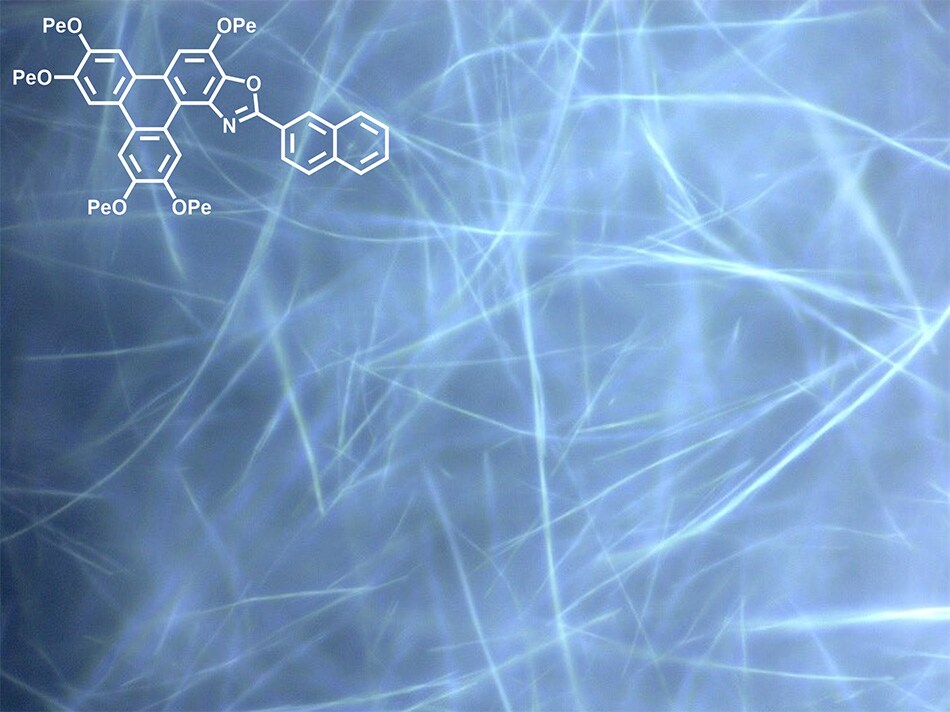 Nanowires formed from TpOx-2-Nap Nanowires (100-300 nm diameter) formed from TpOx-2-Nap via self-assembly from solution.