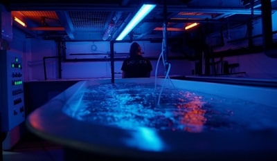 Technician observing a recirculating aquaculture system tank under controlled lighting, designed to simulate natural lobster habitat conditions.