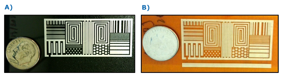 inkjet-printed-ag-au-conductive-patterns.jpg Inkjet-printed conductive patterns on glass: (A) fine-line and grid structures using 25 wt% silver ink; (B) fine-feature resolution and uniform patterning using 40 wt% gold ink. A coin is included in both images for scale.