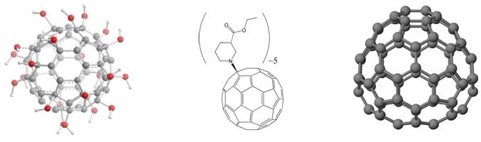 Left: Water-soluble polyhydroxylfullerene SGF example. Middle: Organic Soluble SGF ester. Right: C74, an example of a fullerene present within the un-functionalized SGF. Left: Water-soluble polyhydroxylfullerene SGF example. Middle: Organic Soluble SGF ester. Right: C74, an example of a fullerene present within the un-functionalized SGF.