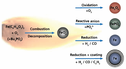 Chemistry in Flames: From Oxide to Salt and Metal Nanoparticles chematic illustration of the flexibility of flame spray synthesis is illustrated in this sketch