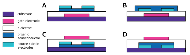 Diagram showing four standard organic field-effect transistor (OFET) device architectures: Bottom-Gate Bottom-Contact (BGBC), Bottom-Gate Top-Contact (BGTC), Top-Gate Bottom-Contact, and Top-Gate Top-Contact. The schematic highlights the relative positions of the gate, dielectric, semiconductor, and source/drain electrodes. In bottom-gate configurations, silane self-assembled monolayers (SAMs) are applied to the dielectric surface to reduce trap states, while in bottom-contact configurations, thiol SAMs are applied to metal electrodes to tune work function and optimize charge injection.