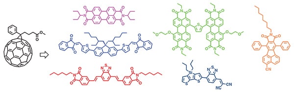 The image displays a series of eight chemical structures, each depicted in a different color. Starting from the left, the first structure is a black molecular diagram of buckminsterfullerene, a spherical arrangement resembling a soccer ball made of pentagons and hexagons. Next to it are two blue structures; the upper one is an elongated chain with alternating single and double bonds and various functional groups attached, while the lower one appears to be a smaller chain with rings and nitrogen atoms incorporated. The third set includes two green structures; both are complex aromatic molecules with multiple benzene rings and nitrile groups attached. The final set on the right shows two orange structures; the upper one is an organic molecule with oxygen atoms forming ester linkages, while the lower one is another aromatic molecule with benzene rings and nitrile groups. Each structure represents different organic compounds, showcasing diversity in molecular architecture.