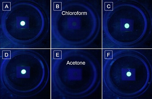 AIE Luminogens: A Family of New Materials with Multifaceted Functionalities Photos of the HPS spots on the TLC plates placed in the Petri dishes in the (A and D) absence and (B and E) presence of organic vapors