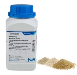 A bottle of GranuCult® Prime Vegetable Peptone Broth with a blue cap, alongside three different piles of agar powder with different color and texture, used for microbiological applications.