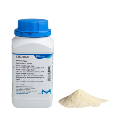 A white bottle of NutriSelect® Prime Plate Count Agar with a blue cap and a pile of agar powder beside it, used for microbiological testing in food safety.