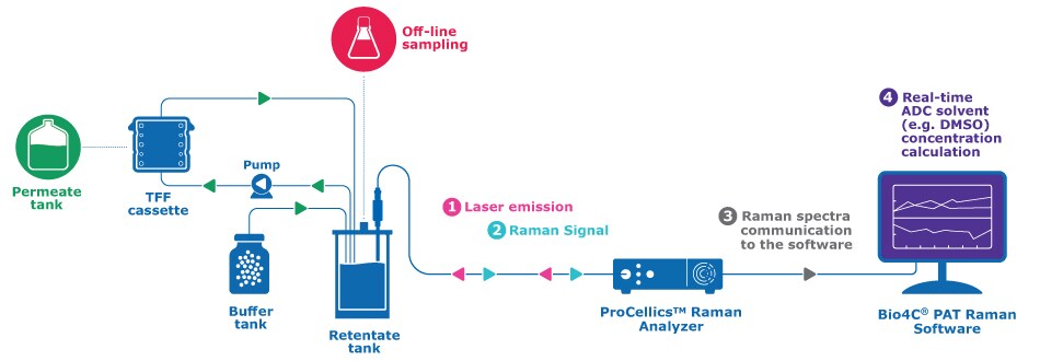 The experimental for DMSO removal included the TFF cassette, a retentate tank and an inline ProCellis™ Raman analyzer which communicated to the Bio4C® PAT Raman software. 