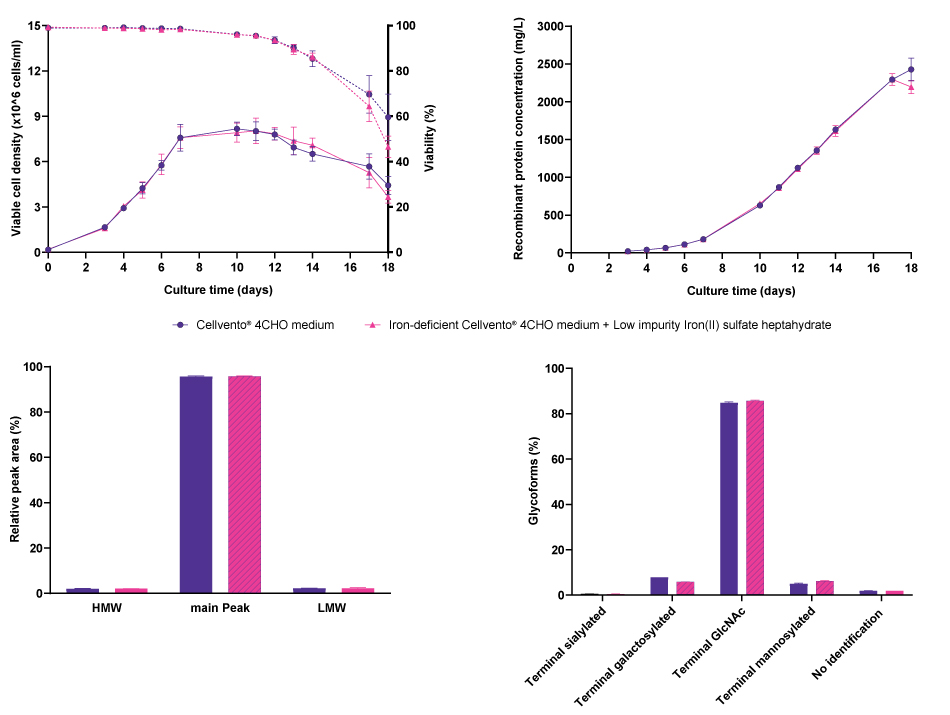 Cell line performance and CQA profiles for CHO K1 mAb2 Line graphs and bar charts showing that the use of Low impurity Iron(II) sulfate heptahydrate for Cell Culture Media in Cellvento<sup>®</sup> 4CHO medium (in combination with Cellvento<sup>®</sup> 4Feed) resulted in similar cell line performance parameters viable cell density, cell viability, and titer, and comparable CQA profiles for CHO K1 mAb2 compared to the original Cellvento<sup>®</sup> 4CHO COMP medium.