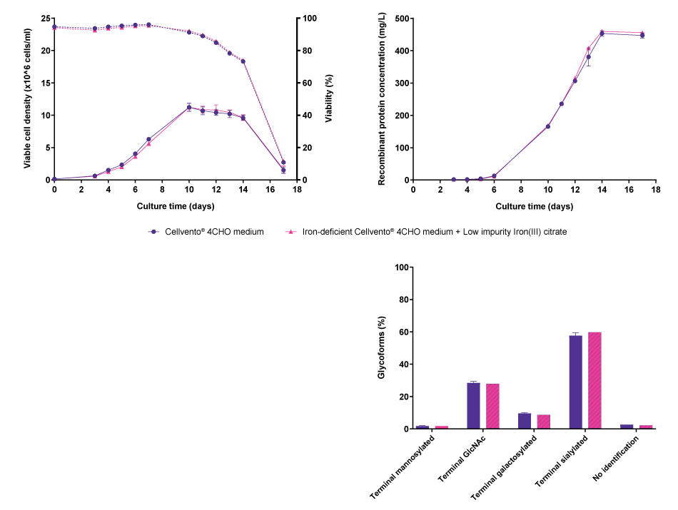 Cell line performance and CQA profiles for CHOZN<sup>®</sup> fusion protein 2 Line graphs and bar charts showing results for cell line performance parameters viable cell density, viability, and recombinant protein concentration, as well as protein glycoforms in CHOZN® cells producing fusion protein 2, comparing Cellvento® 4CHO COMP and iron-deficient Cellvento® 4CHO medium supplemented with Low impurity Iron(III) citrate for Cell Culture Media. No differences were observed.