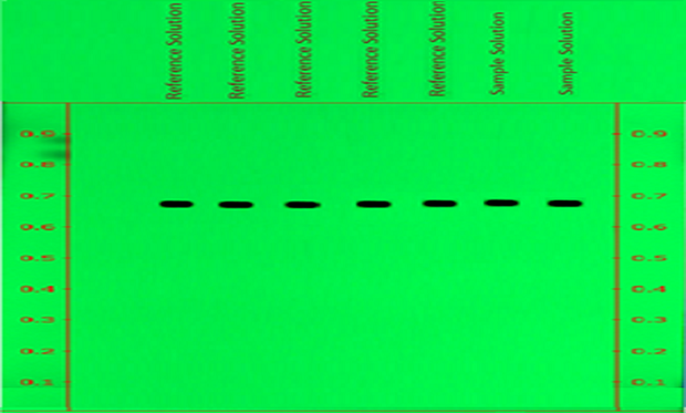 TLC plate for betamethasone reference solution and sample visualized by detection A at 254 nm A thin-layer chromatography (TLC) plate, visualized under UV light at 254 nm, displays a vibrant green background. Both edges of the plate have 9 red markings from 0.1 to 0.9 cm at 0.1 cm intervals. A line is drawn across the top at the 1 cm mark, with tracks labeled above it. The plate shows seven distinct spots: five labeled as reference solution (from left to right) and the last two on the right labeled as sample solution. These spots are positioned just below the Rf value of 0.7 and stand out clearly against the green background.