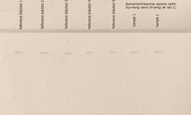 TLC plate for betamethasone reference solutions and sample obtained with the test solution in day light after derivatization A thin-layer chromatography (TLC) plate, visualized under daylight after spraying with test solution, followed by drying at 90˚C, in buff color. A line is drawn at the top, with tracks labeled above it. The plate shows faintly colored seven distinct spots at same position: five labeled as reference solution 1, 2, 3, 4, and 5 respectively (from left to right) and the last two on the right labeled as sample solution 1 and 2.