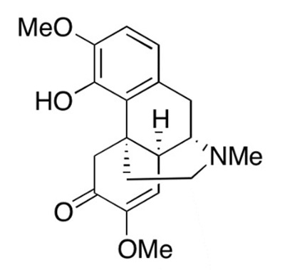 Sinomenine Chemical structure of sinomenine showing a tetracyclic framework with methoxy, hydroxy, carbonyl, and N-methyl substituents.
