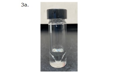 A glass vial containing reagent A small glass vial filled with a clear liquid, labeled as "3a." The vial has a black screw cap, and it is placed on a dark surface with a light background. The liquid inside appears transparent and has no visible coloration or impurities.